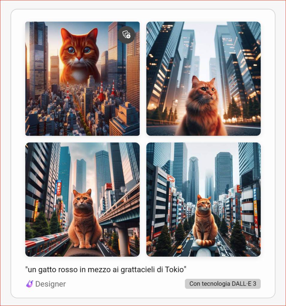 anteprime di "un gatto rosso in mezzo ai grattacieli di Tokio", create con AI