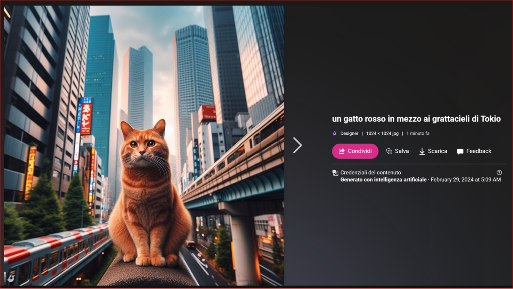 un gatto rosso in mezzo ai grattacieli di Tokio, creato con AI