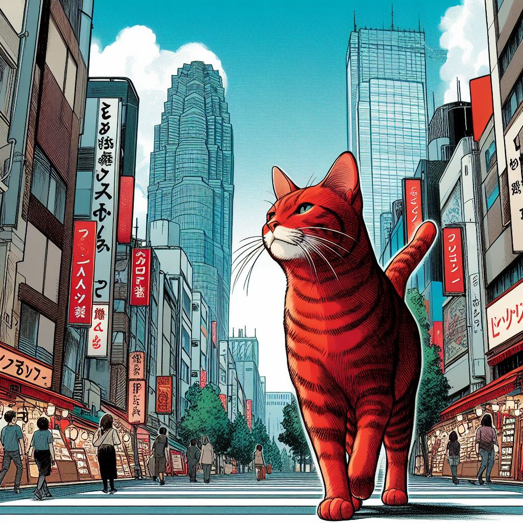 un gatto rosso in mezzo ai grattacieli di Tokio, stile manga, creato con AI